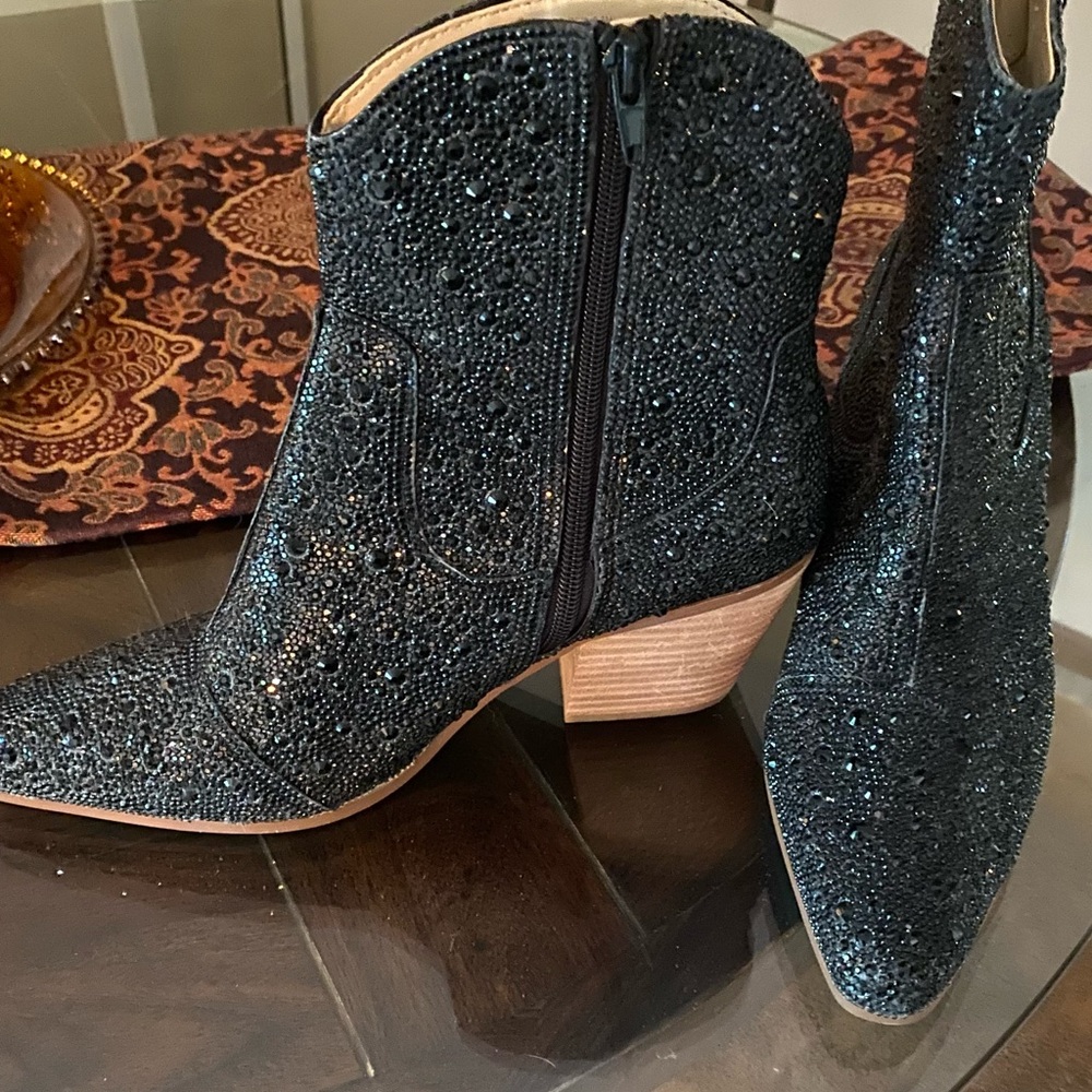Betsey Johnson Black Beaded Western Ankle Boots